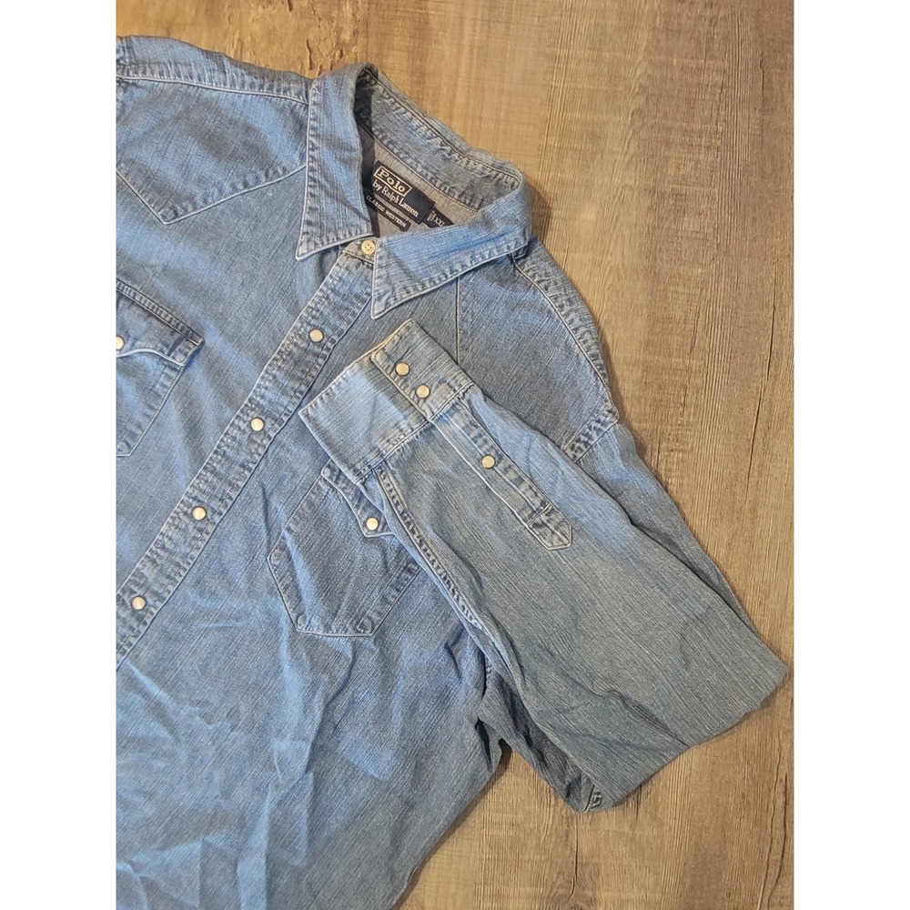 Polo Ralph Lauren Classic Western Denim Shirt Light Wash Blue XXL Pearl Snap